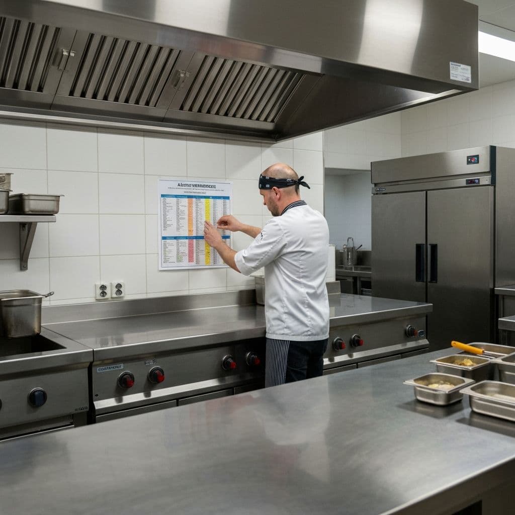 Chef reviewing allergen reference chart in commercial kitchen