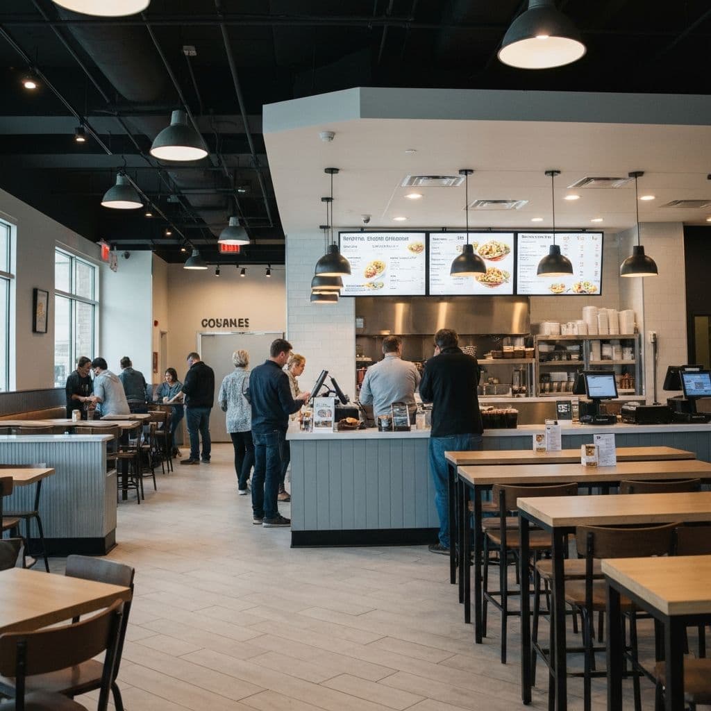 Customers ordering at a fast-casual restaurant counter with digital menu boards displaying food items above