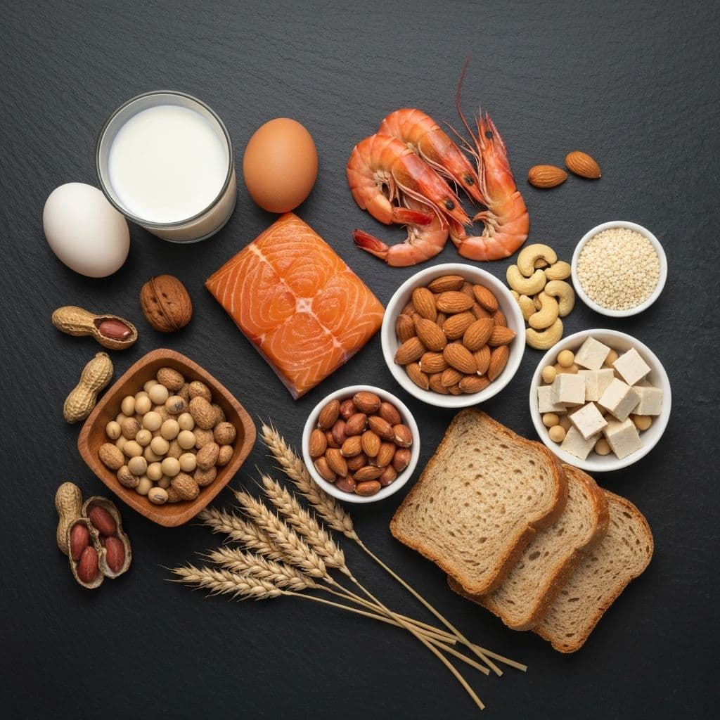 Various food ingredients representing common allergens including fish, eggs, nuts, wheat, and legumes