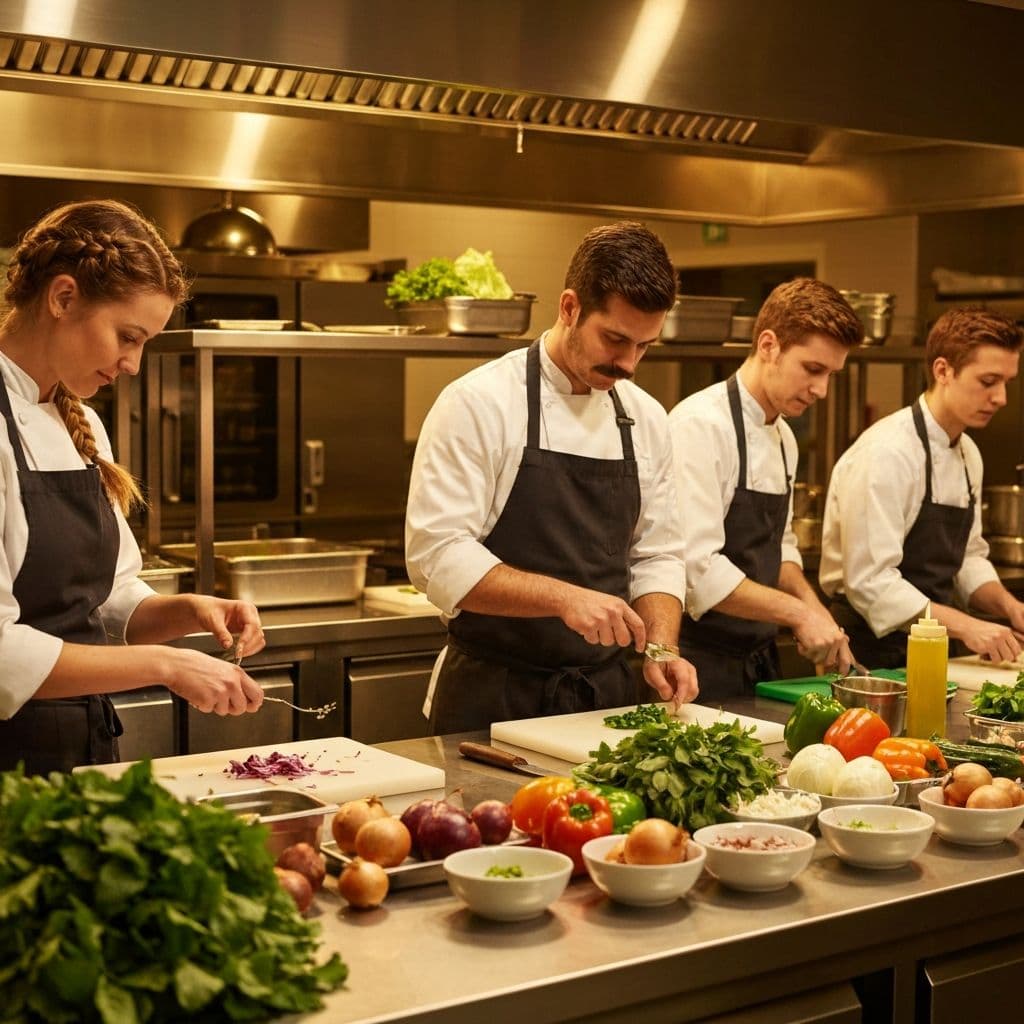 Two professional chefs preparing food in a commercial kitchen