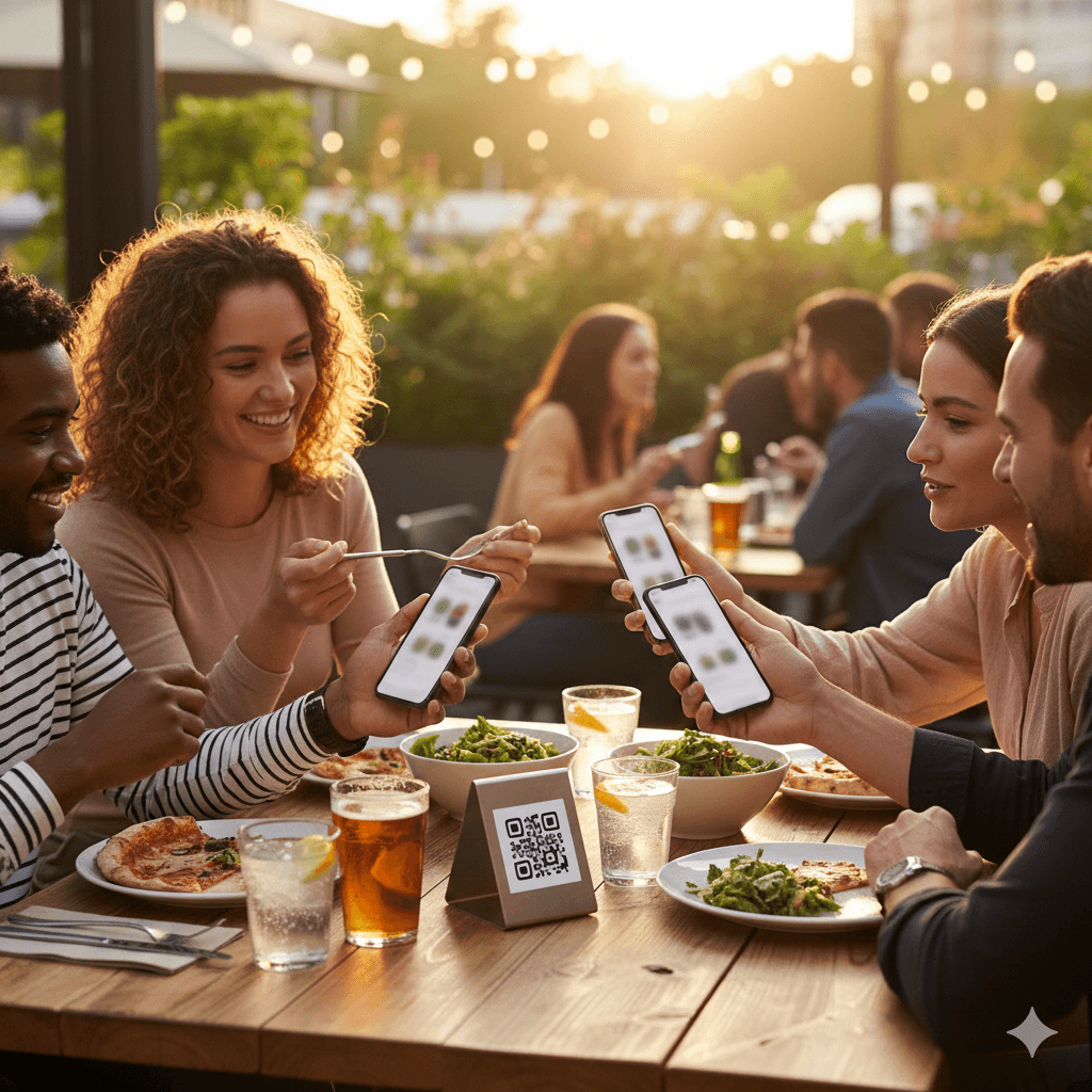 Friends dining at an outdoor restaurant patio scanning QR codes on their phones to view digital menus