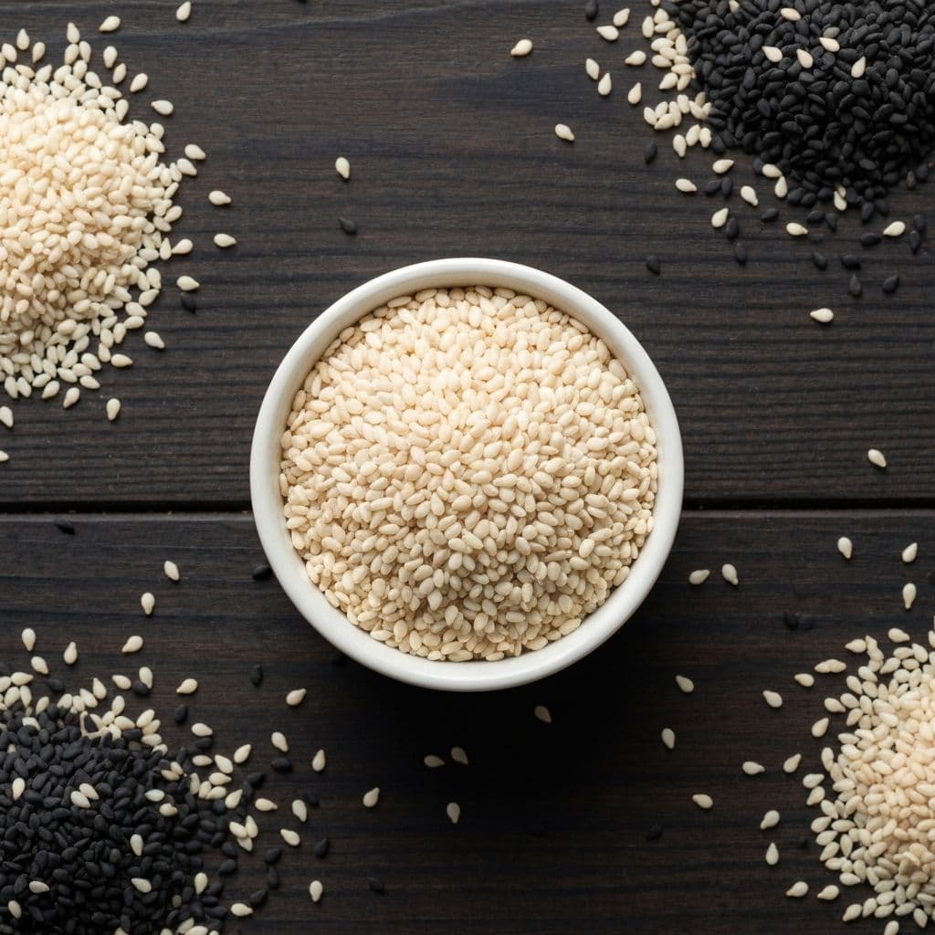 Common foods containing sesame including bagels, hummus, Asian cuisine, and crackers