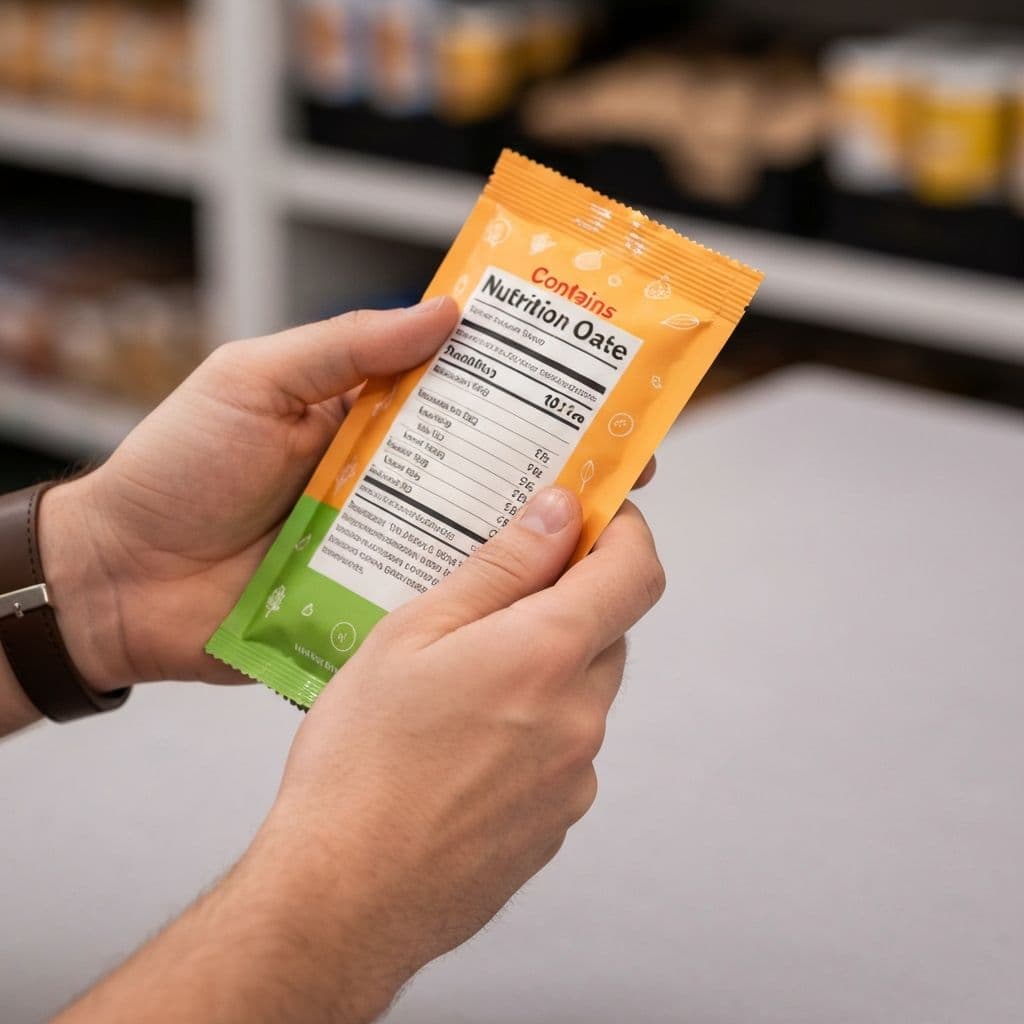 Person examining a food product label for allergen information