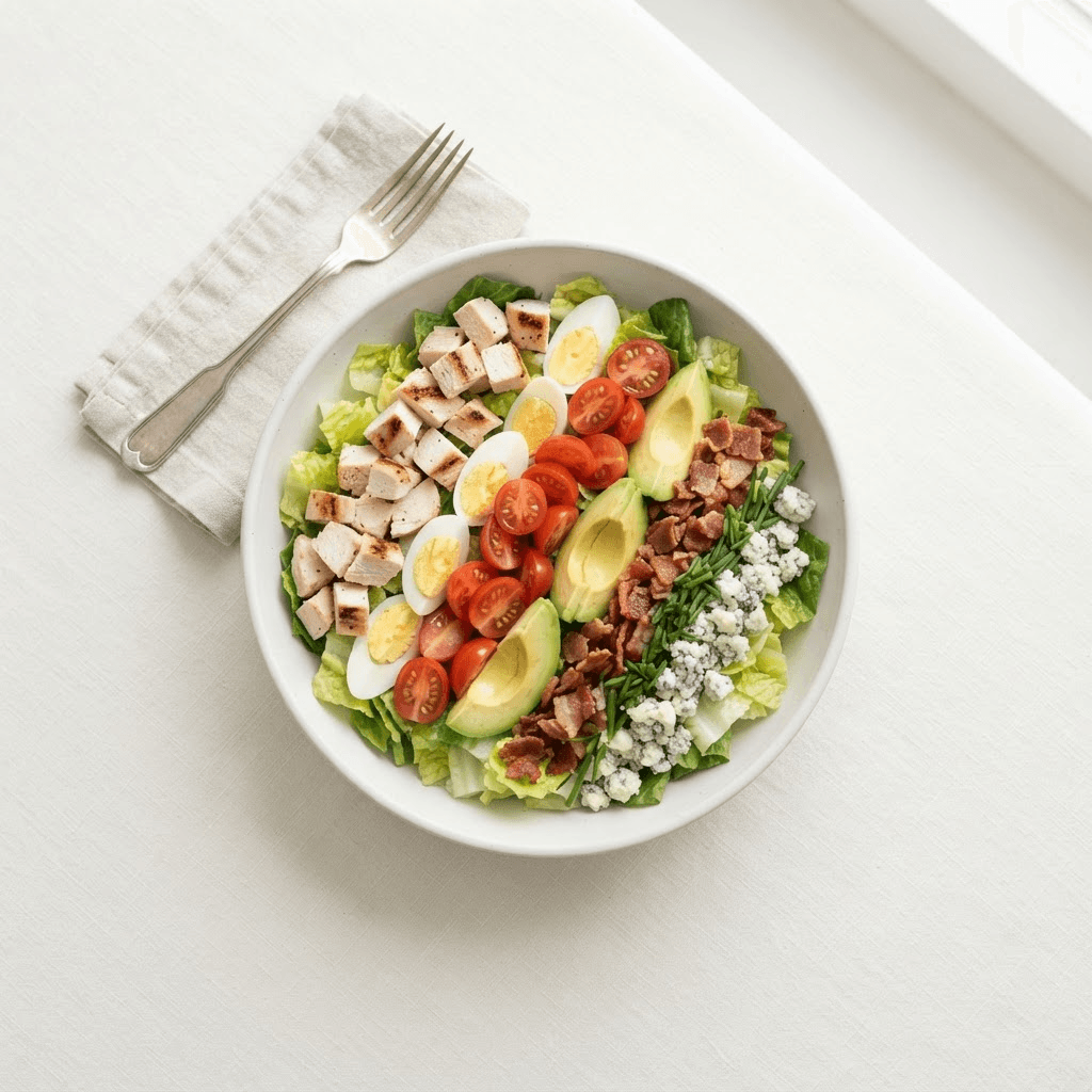 Cobb salad served in a white bowl