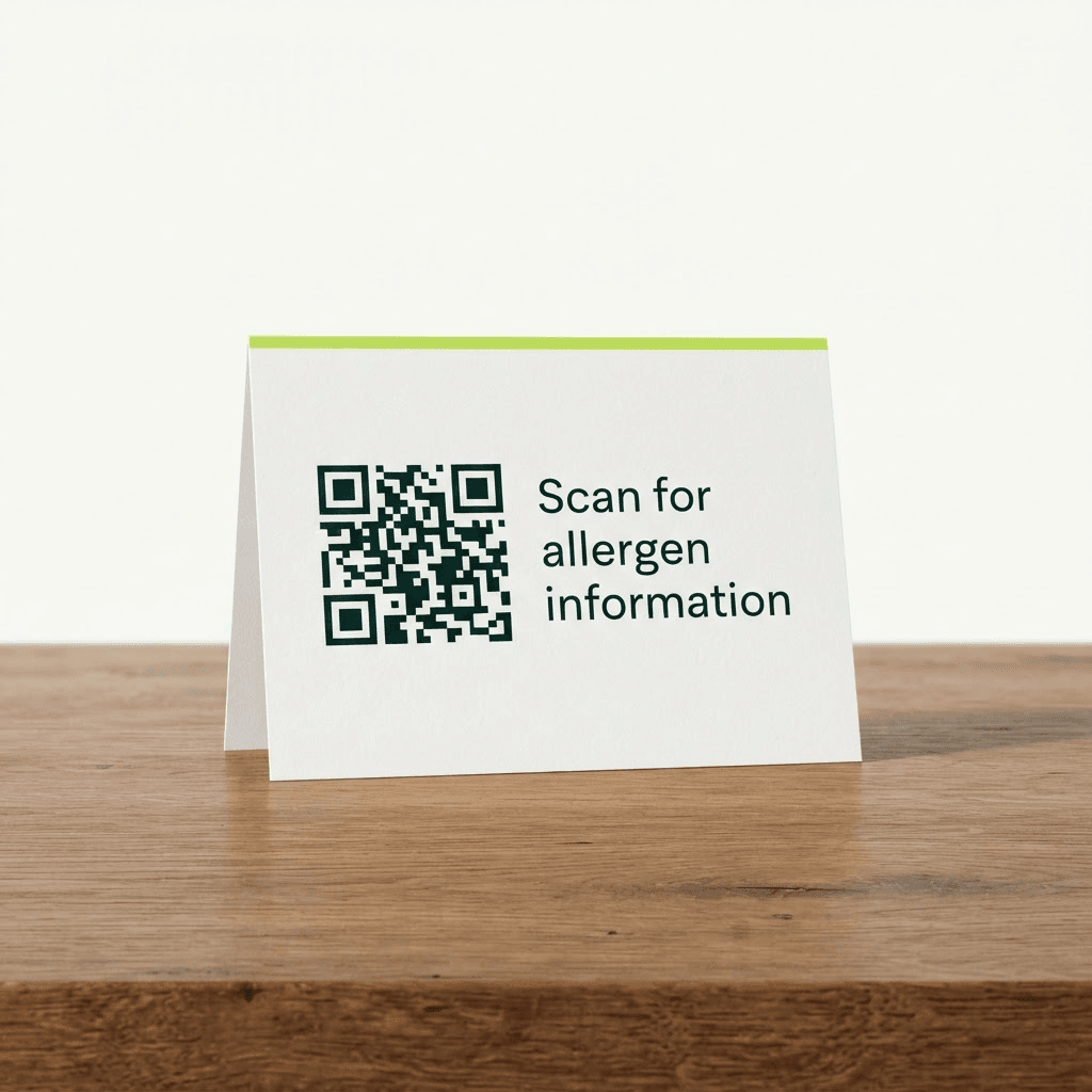 Table tent with a QR code and the text 'Scan for allergen information'