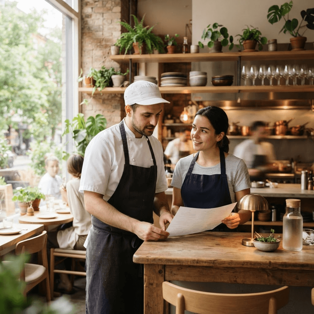 Restaurant staff reviewing a menu together at the counter