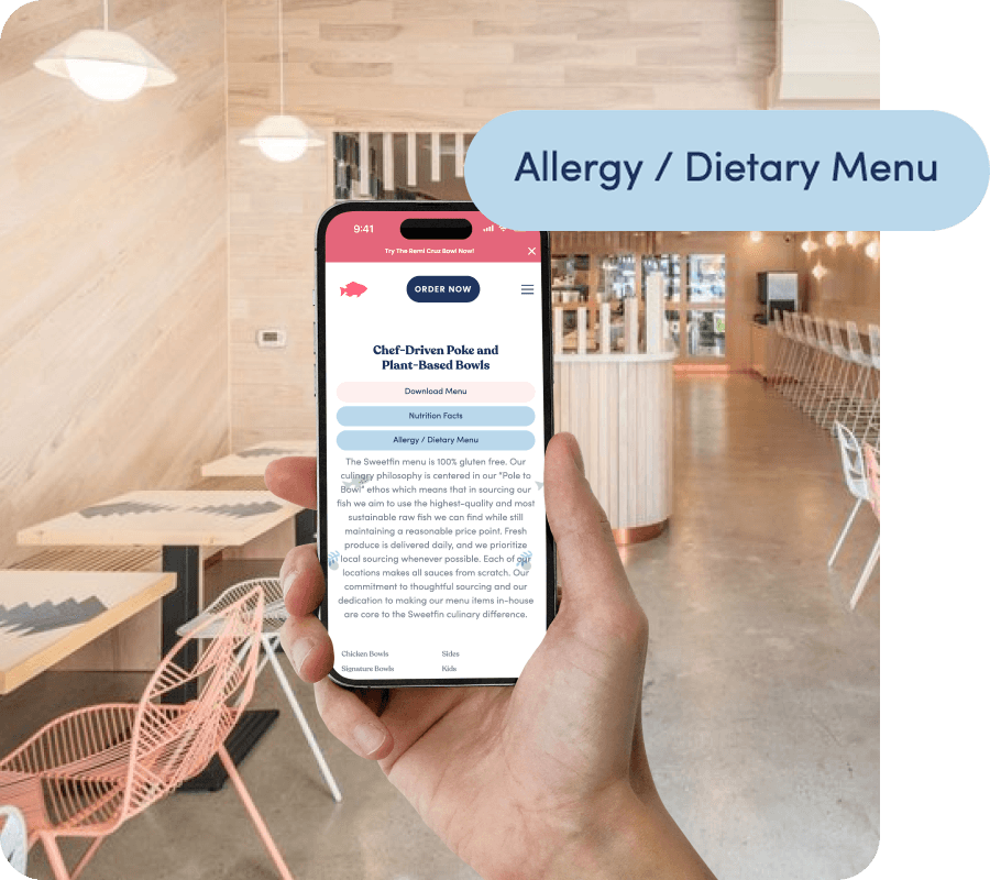 Sweetfin's Allergy & Diet Menu on a mobile device