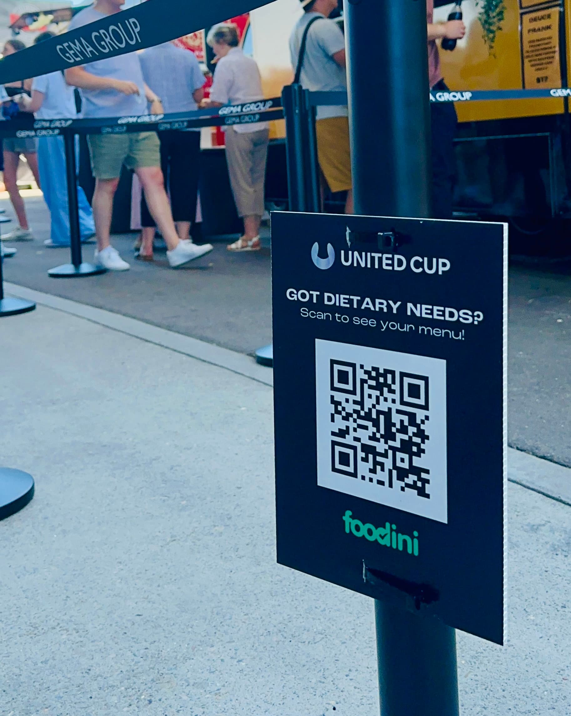 Foodini QR code stand providing dietary information to guests at United Cup