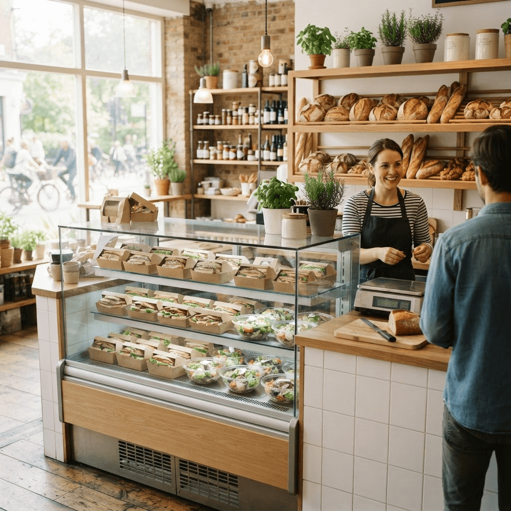 A bright deli and bakery counter with prepackaged grab-and-go items in a display case