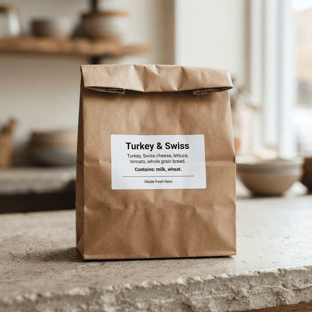 A kraft takeout bag with an attached label reading Turkey and Swiss, Contains: milk, wheat