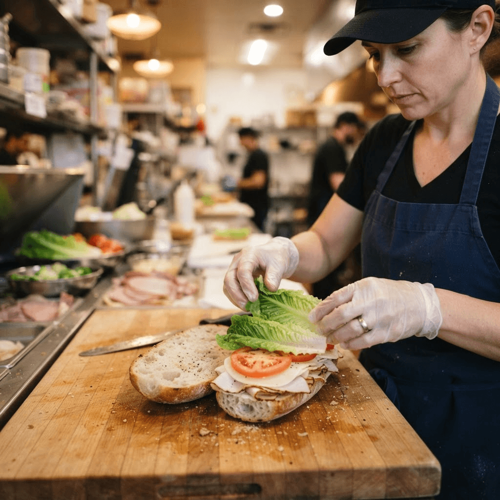 A chef assembling a made-to-order sandwich by hand