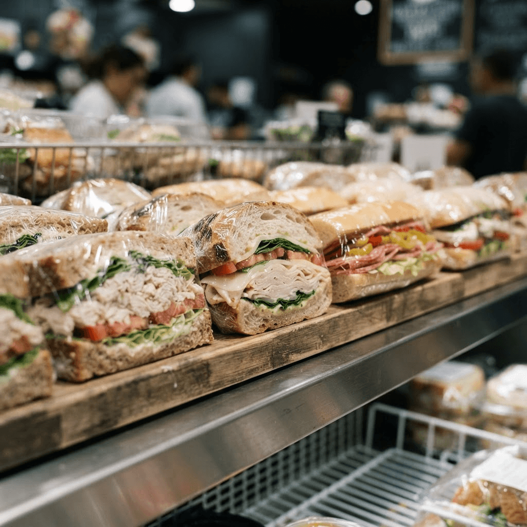 Pre-wrapped sandwiches in clear packaging on a deli shelf