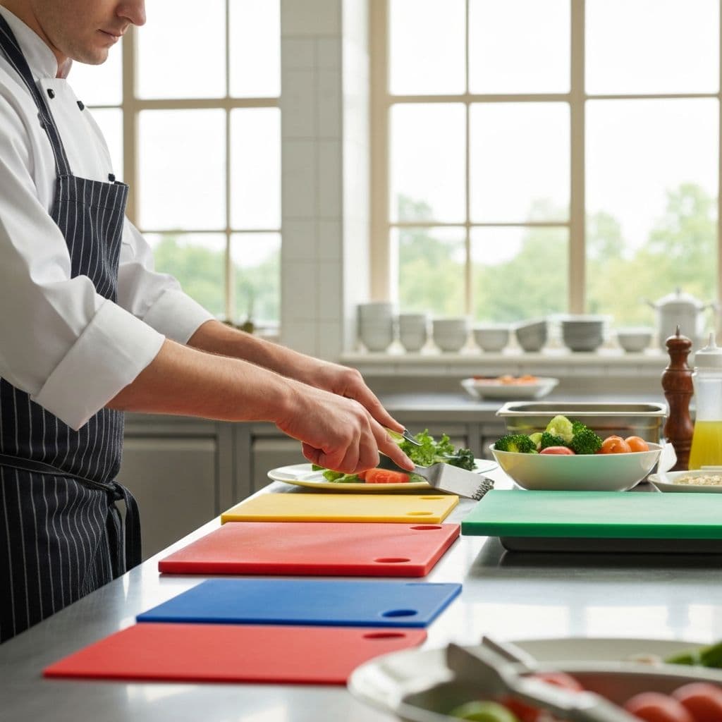 Chef preparing food with proper allergen safety protocols in a commercial kitchen