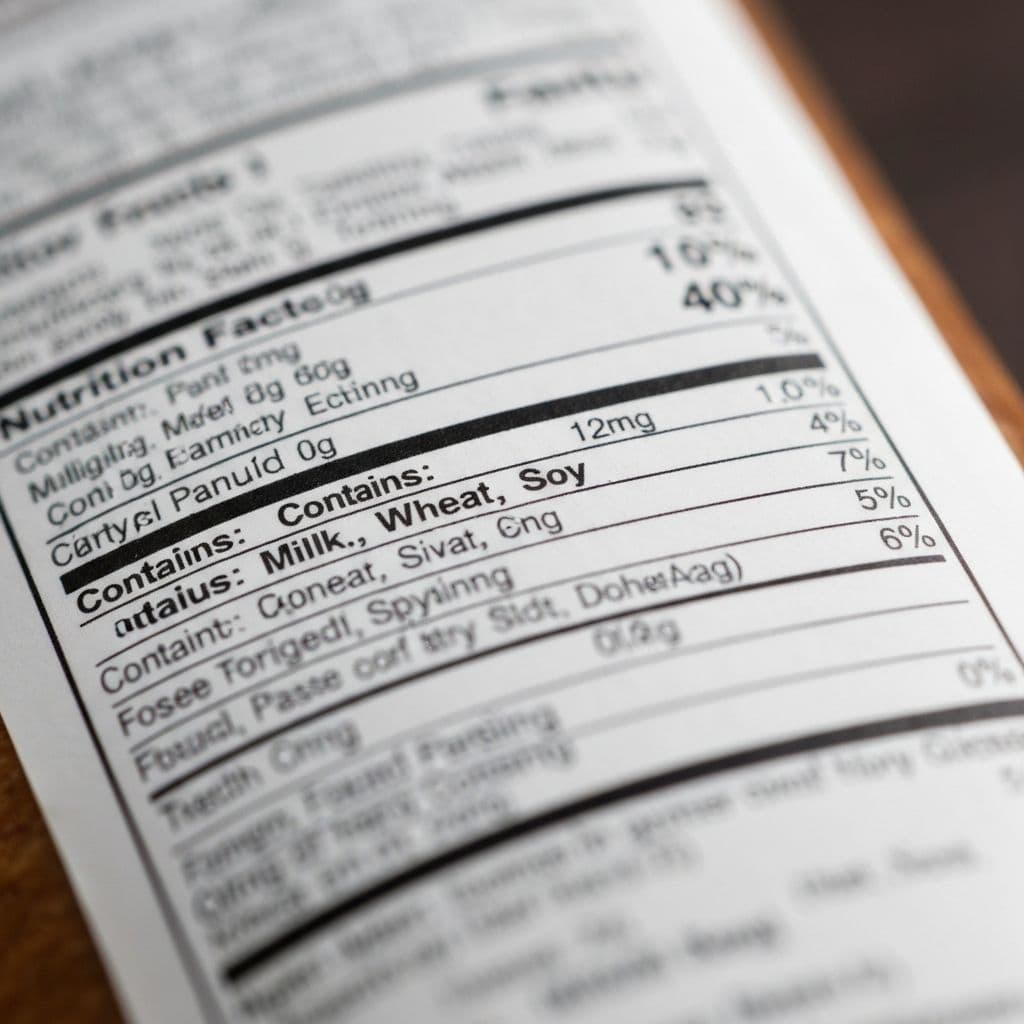 Close-up of a food product label showing allergen warning with Contains statement