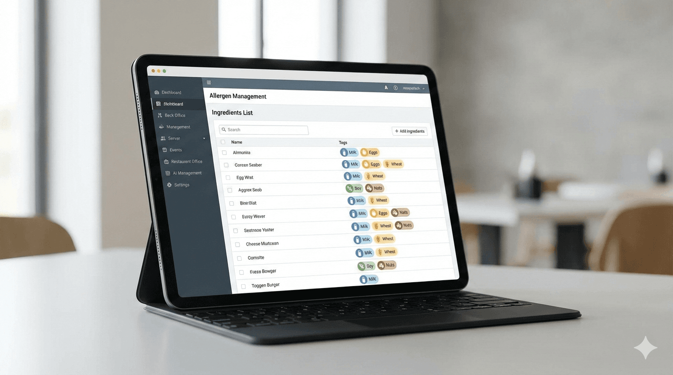 Allergen management software interface showing ingredients list with automated allergen tags