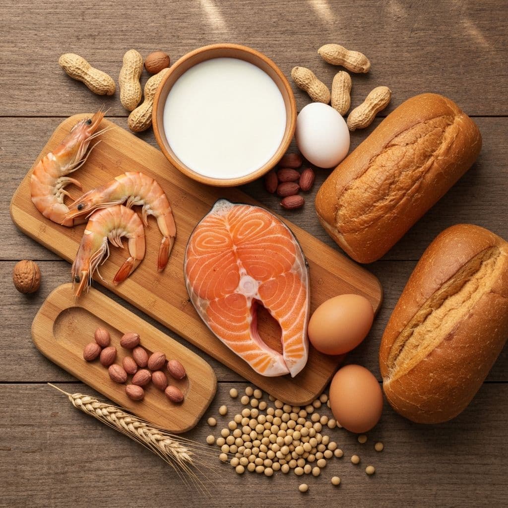 The nine major food allergens displayed on a marble surface: milk, eggs, fish, shellfish, tree nuts, peanuts, wheat, soybeans, and sesame