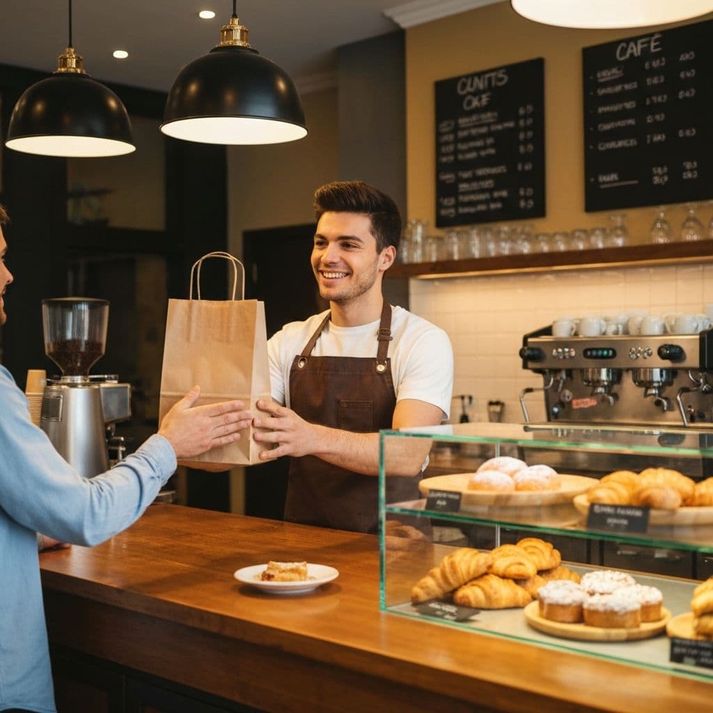Cafe worker handing packaged food to customer