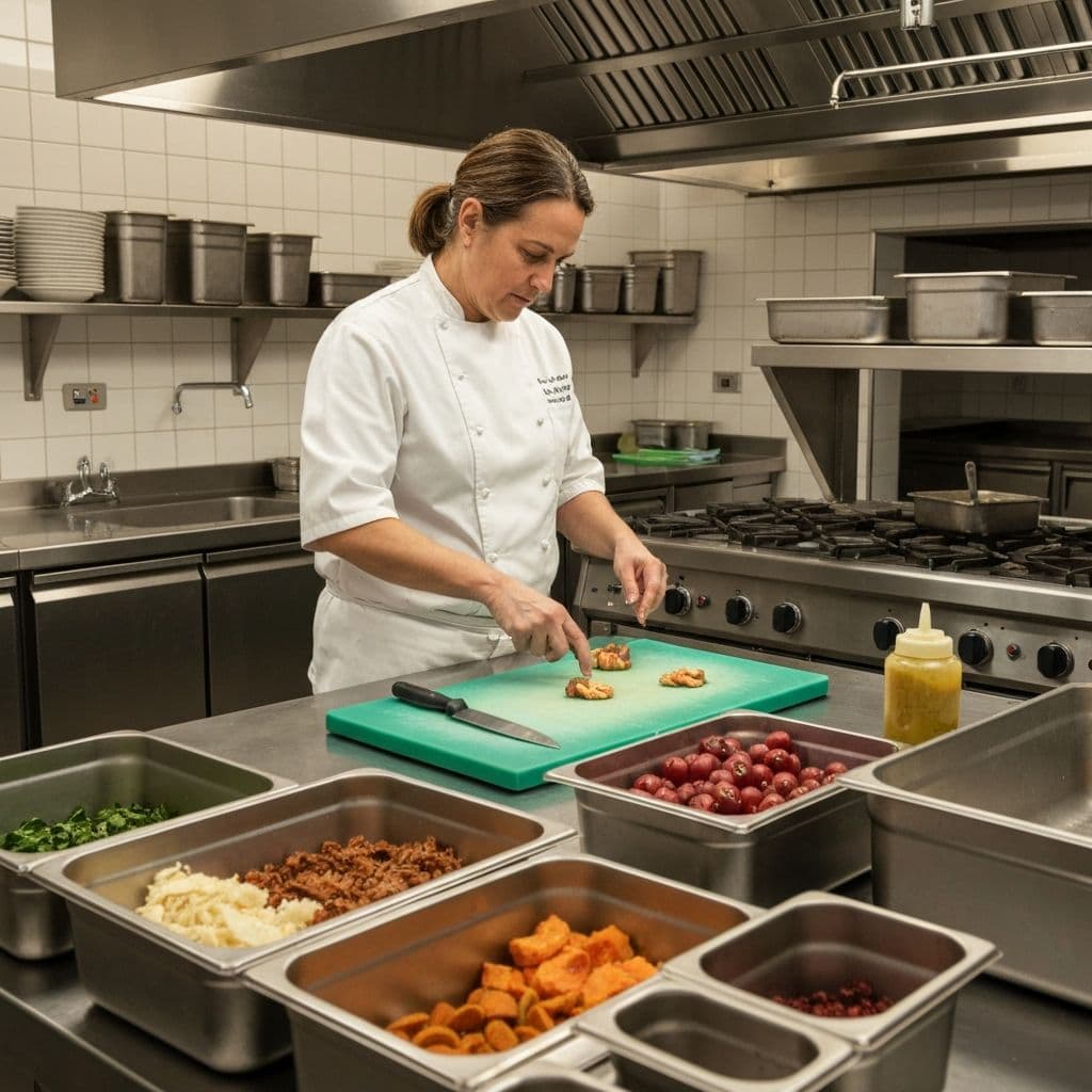 Commercial kitchen with separate cutting boards and utensils to prevent gluten cross-contact