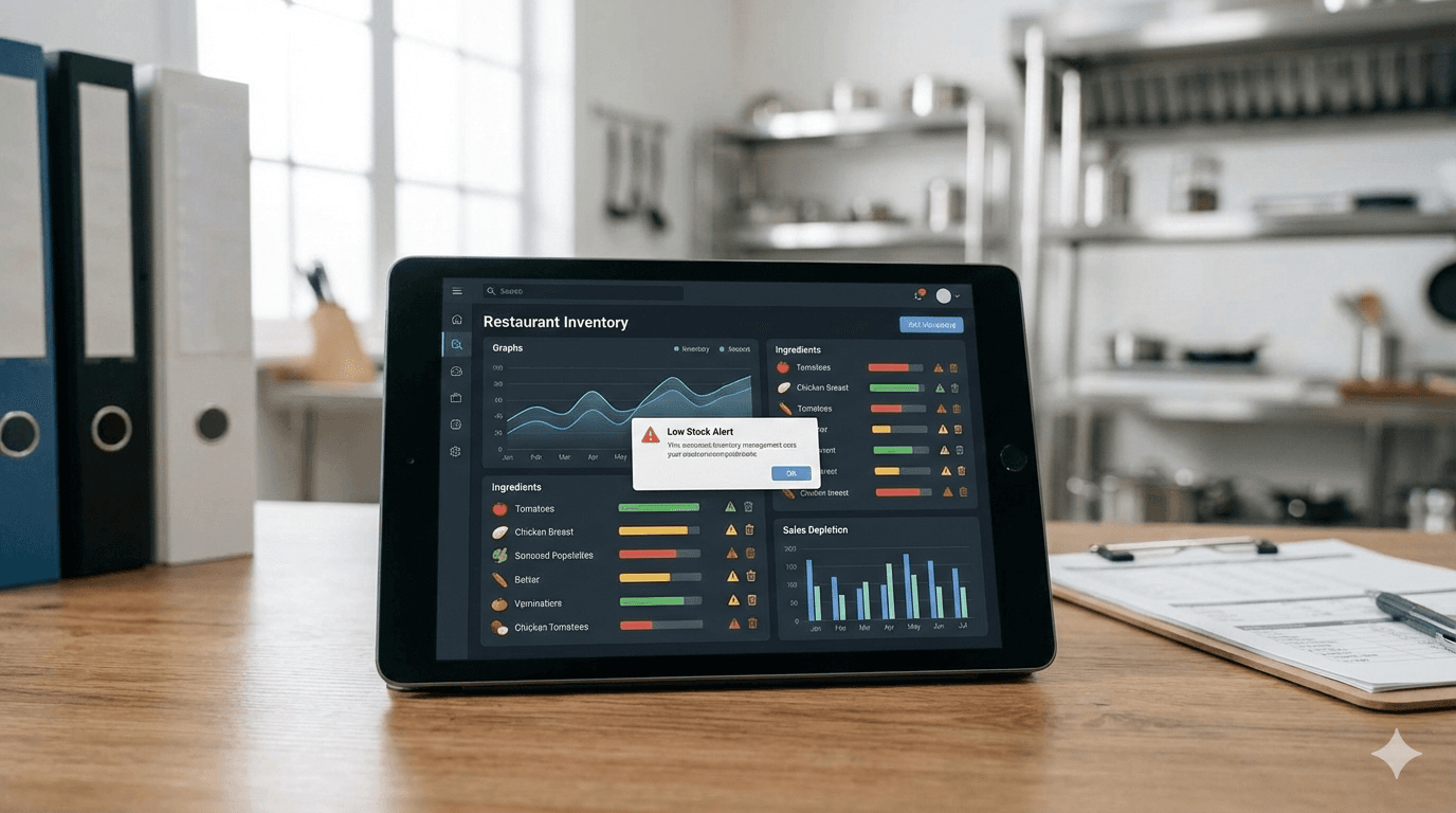 Restaurant inventory dashboard showing ingredient levels, graphs, and low stock alerts on tablet