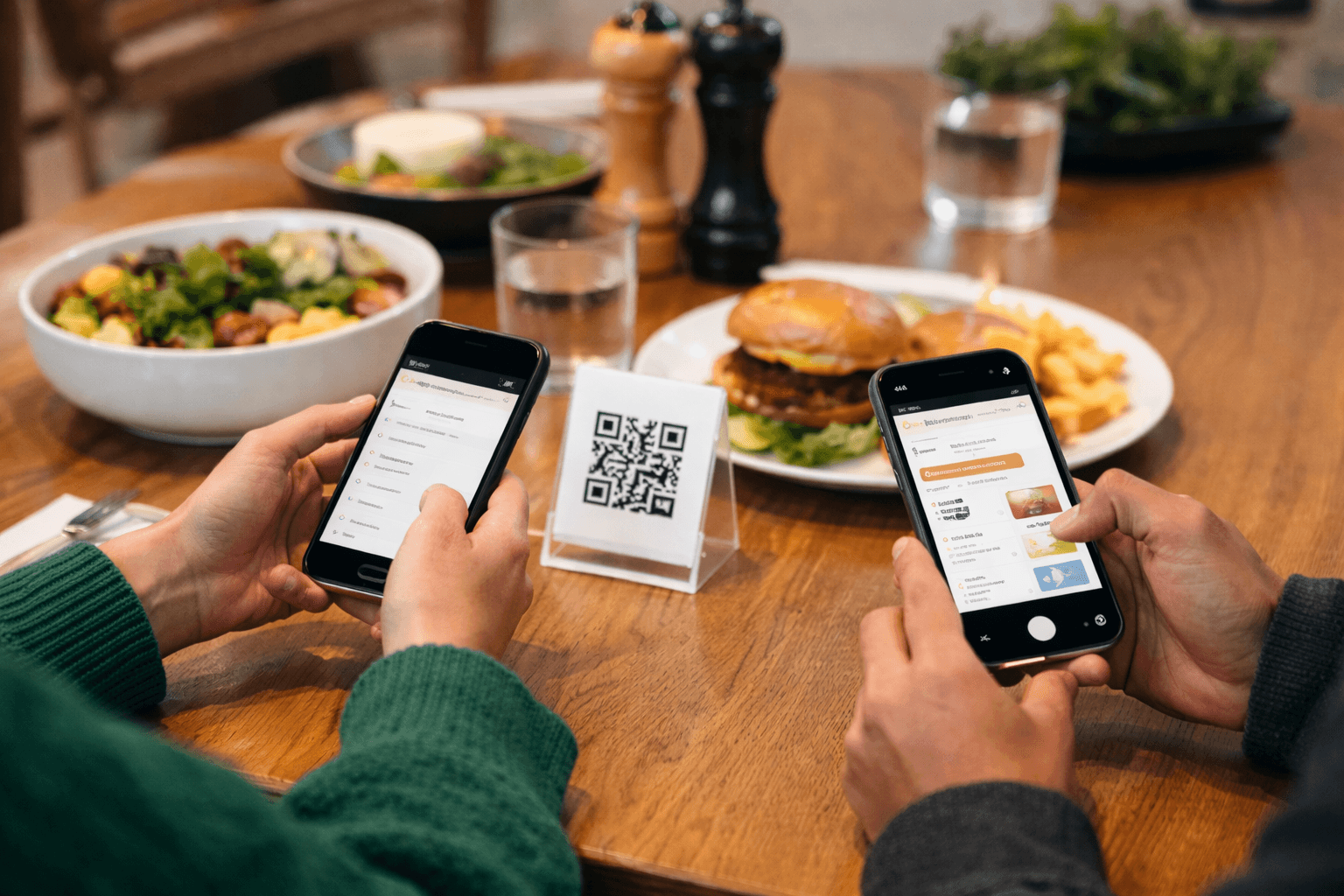 Two customers scanning QR code at restaurant table to view digital menu on their smartphones