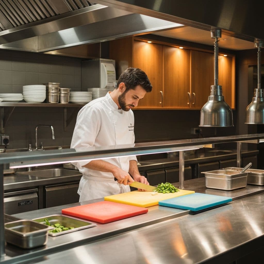 Professional chef preparing food in a commercial kitchen with proper allergen safety protocols