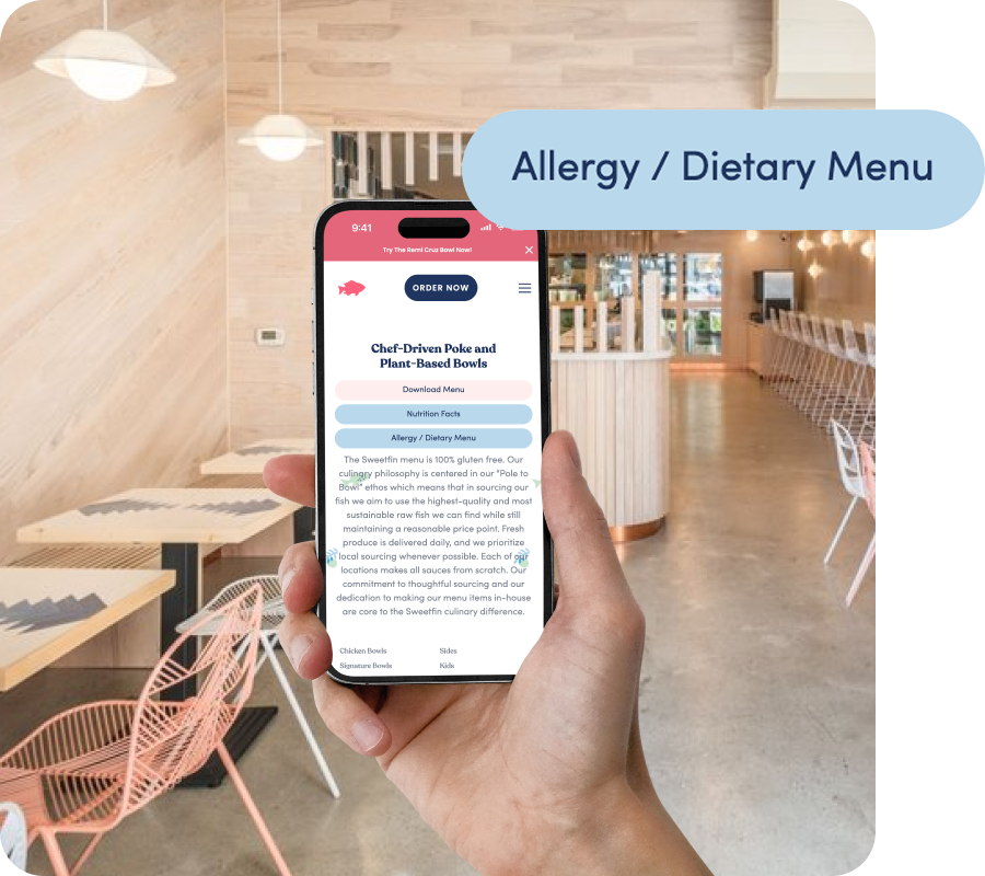 Sweetfin's Allergy & Diet Menu on a mobile device