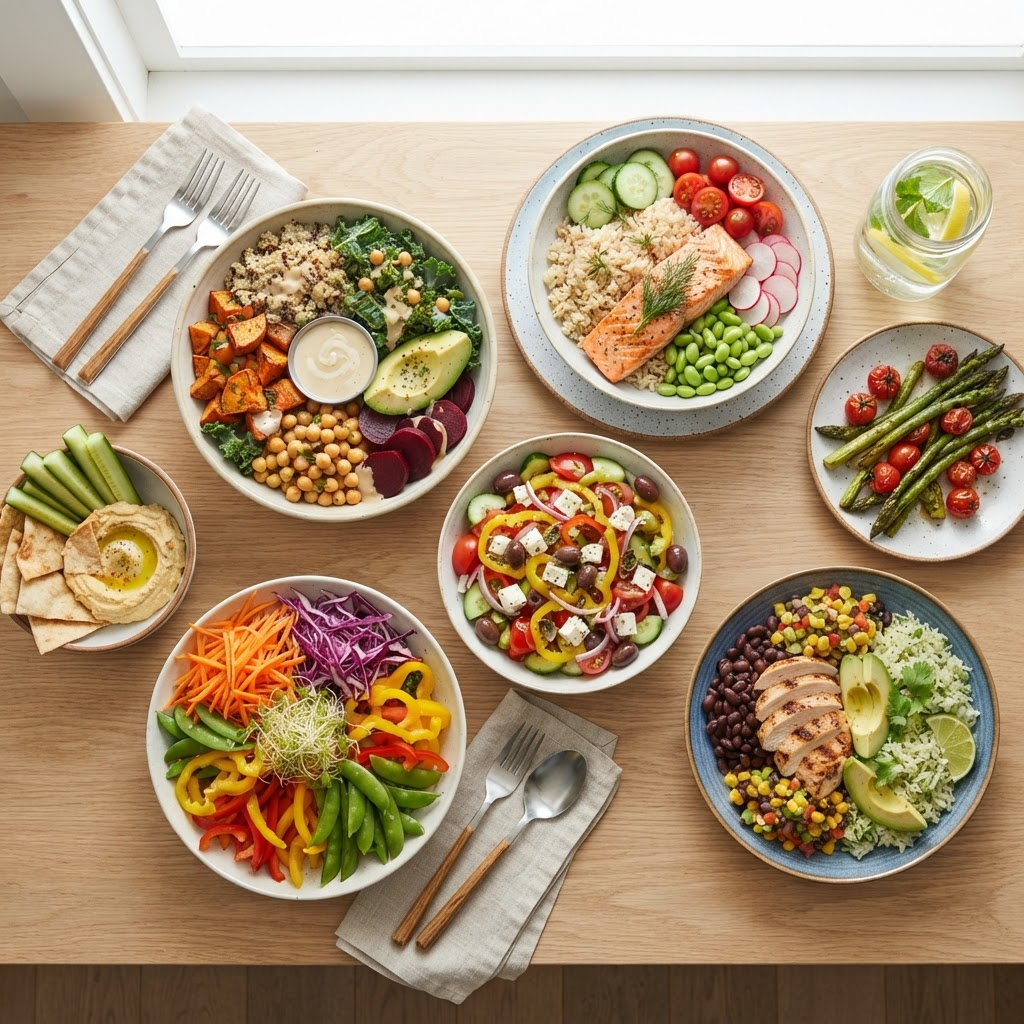 A spread of fresh, colorful restaurant dishes