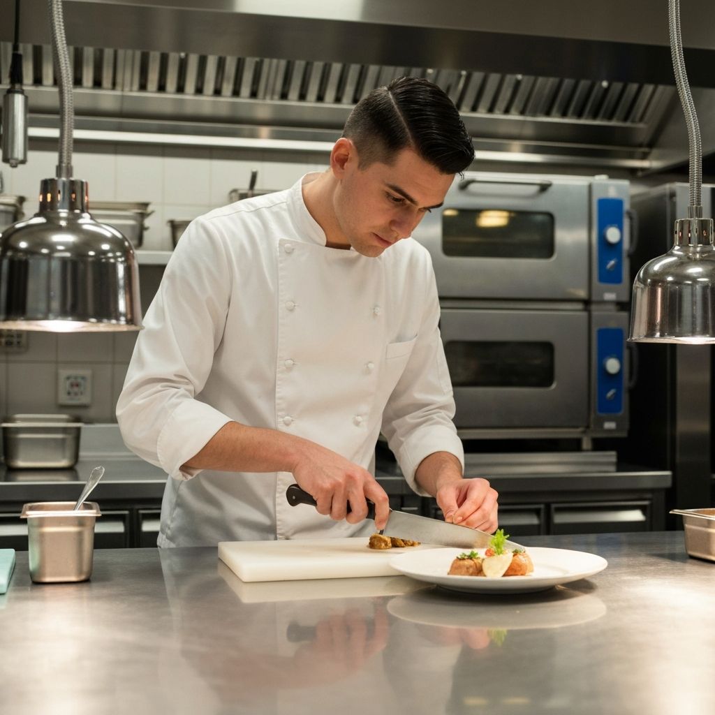 Chef reading ingredient labels on food products in a commercial kitchen