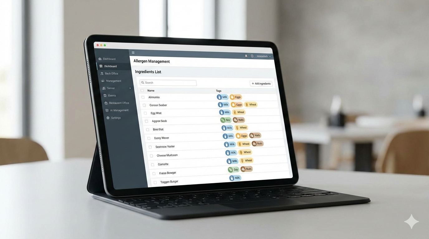 Allergen management software interface showing ingredients list with automated allergen tags