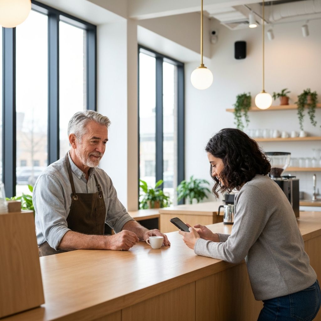 Cafe staff member explaining menu to customer