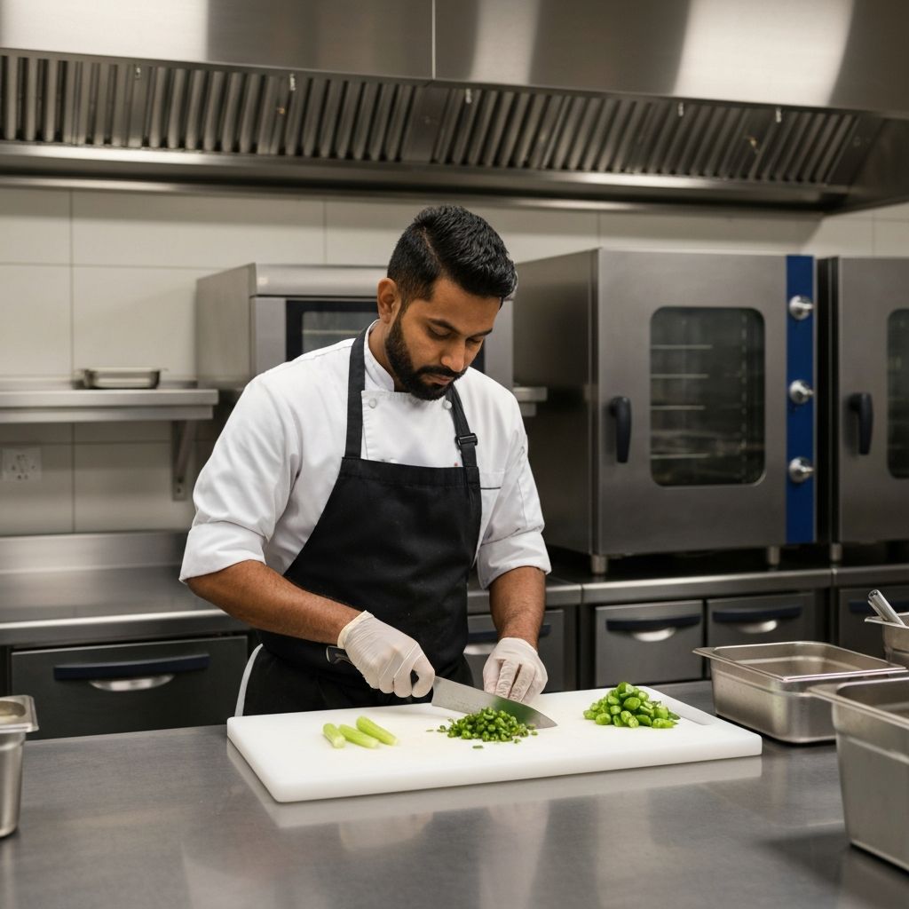 Chef preparing food with proper allergen safety protocols in a commercial kitchen