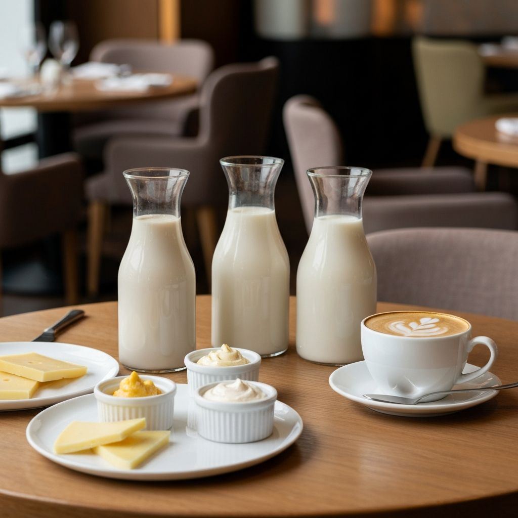 Array of dairy-free cooking alternatives including oat milk, almond milk, coconut cream, and vegan butter