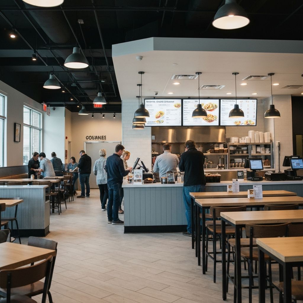 Customers ordering at a fast-casual restaurant counter with digital menu boards displaying food items above