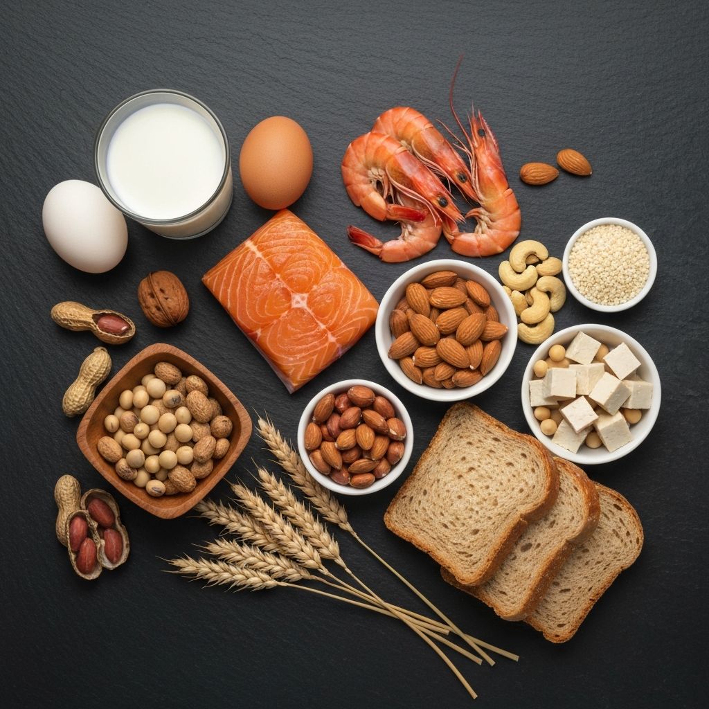 Various food ingredients representing common allergens including fish, eggs, nuts, wheat, and legumes
