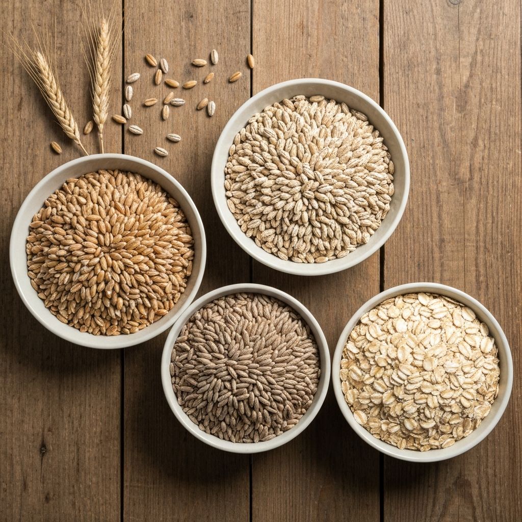 Wheat, barley, rye, and oats grains in separate bowls representing gluten-containing ingredients