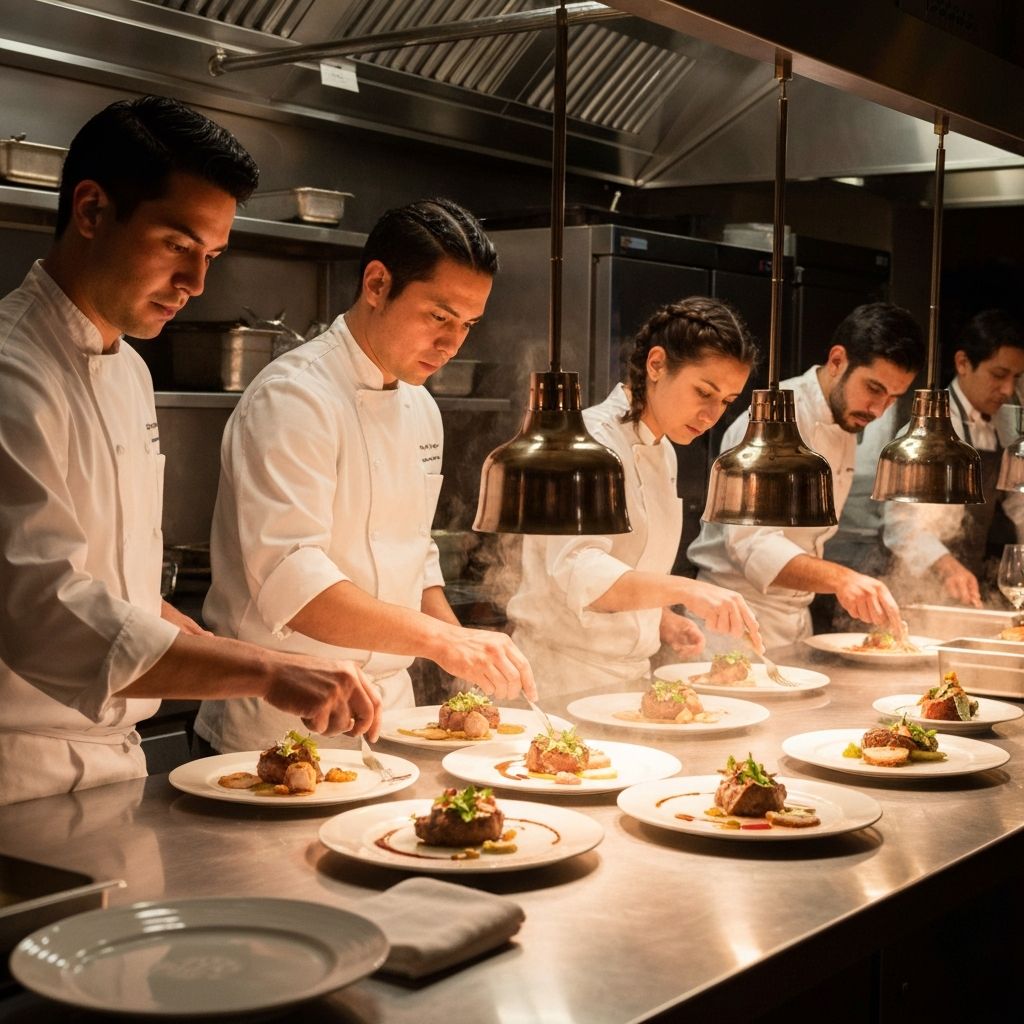 Professional chefs plating multiple dishes during high-volume food preparation in commercial kitchen