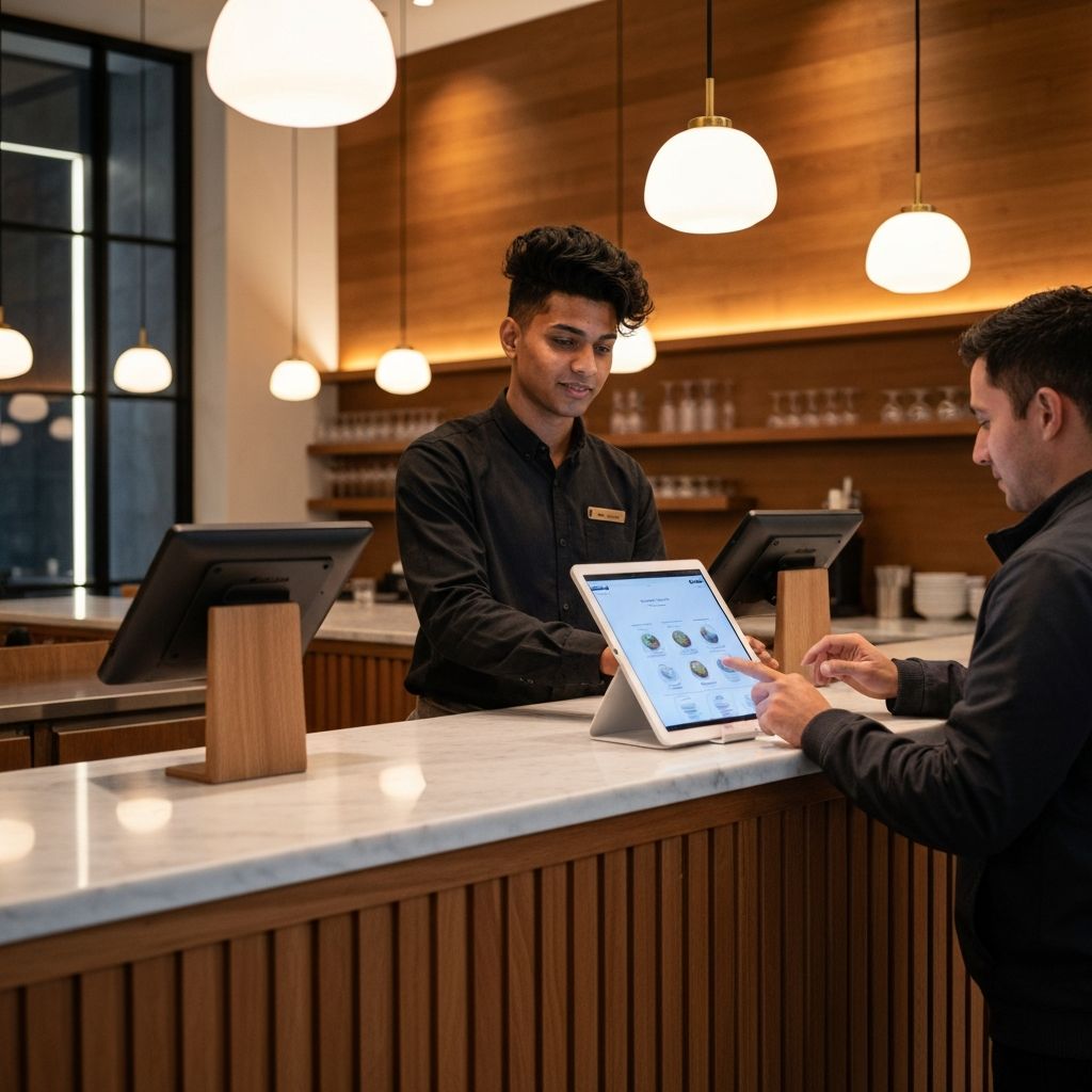 Staff member using tablet POS system to take customer orders at cafe counter