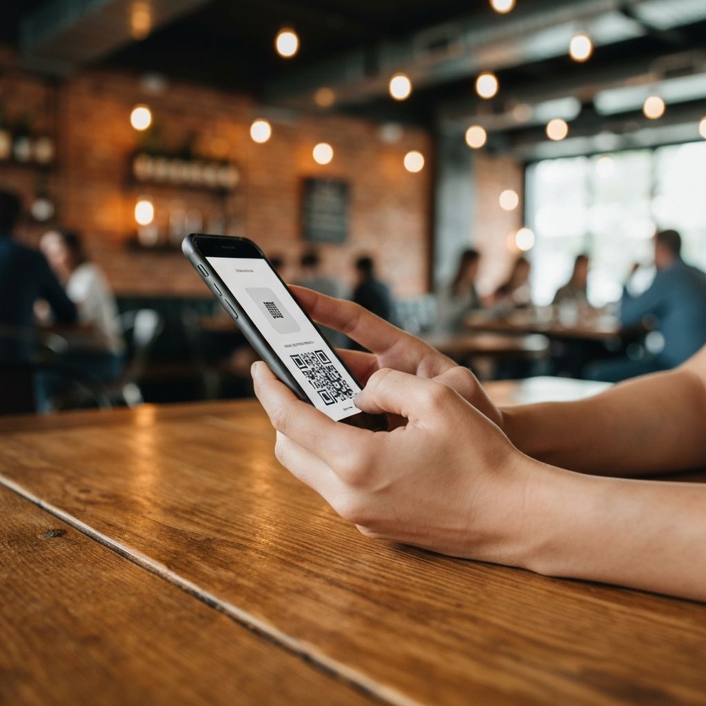 Customer scanning QR code menu at restaurant table
