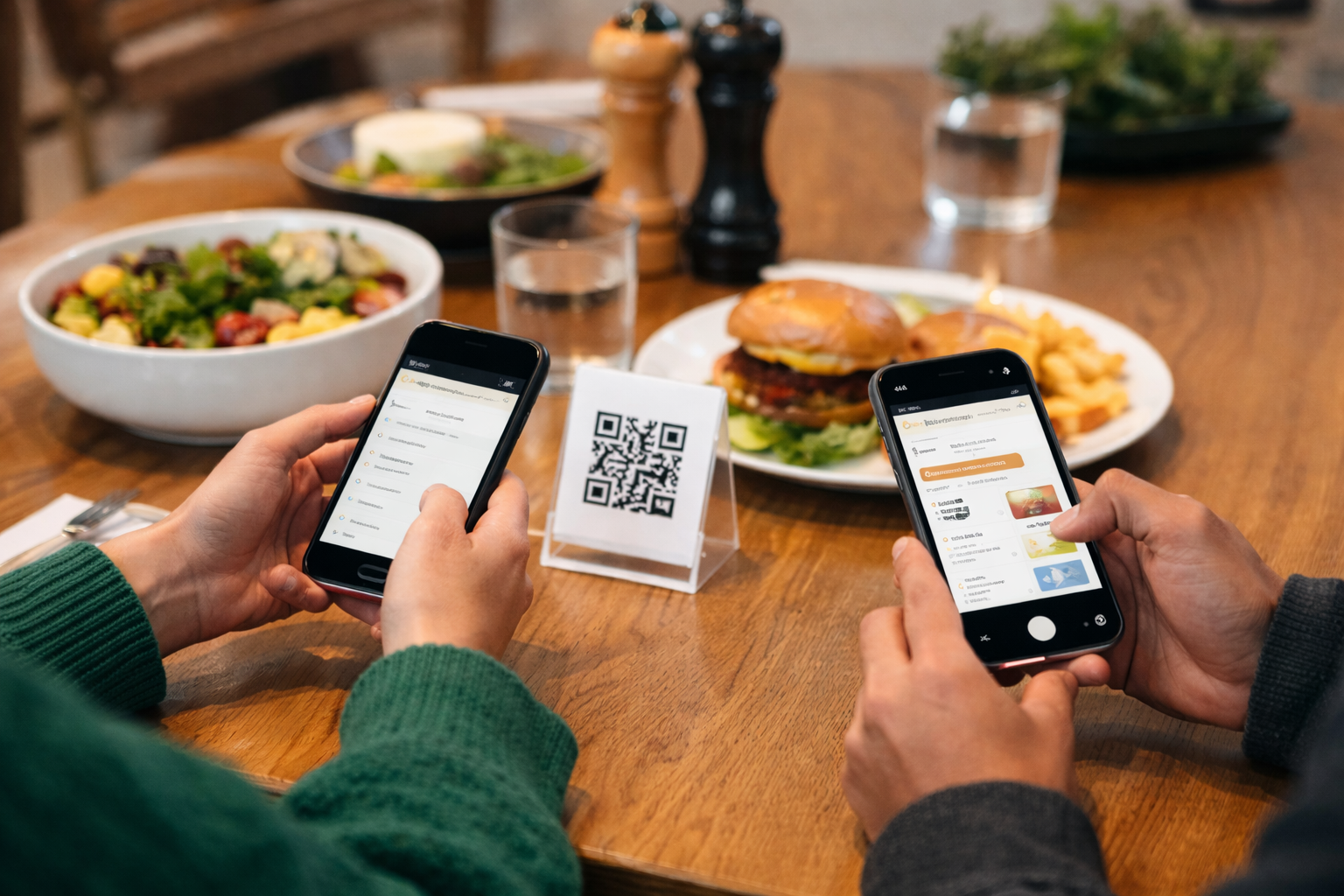 Two customers scanning QR code at restaurant table to view digital menu on their smartphones