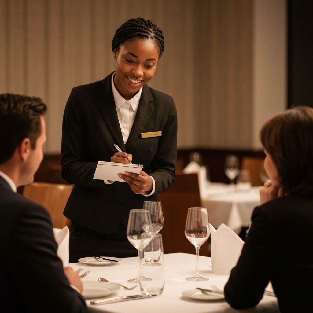 Server taking order from customers at outdoor restaurant table