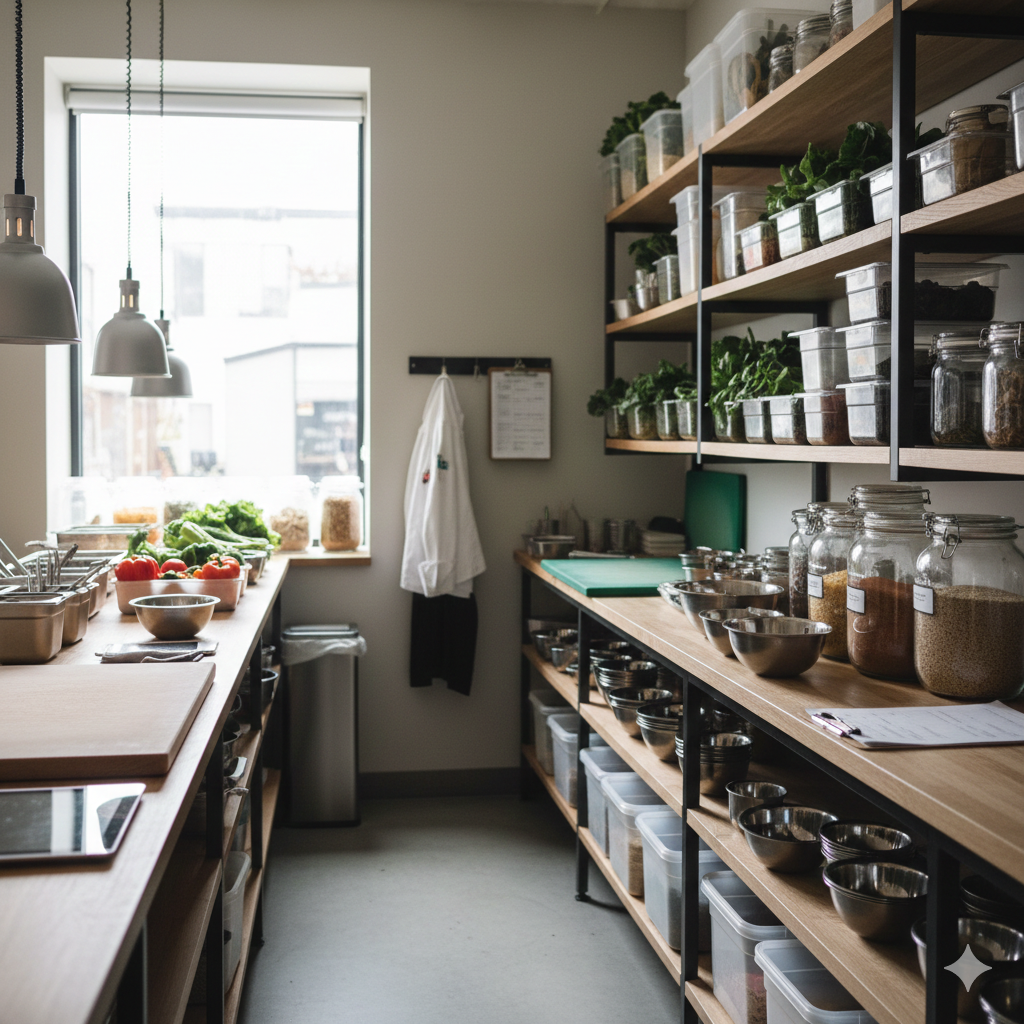 Well-organized restaurant kitchen with glass jars, fresh produce, and sustainable storage systems